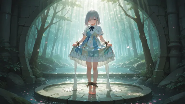 Lovely_Study by focusing on Chu , How high is the resolution of the novuschroma65 style watercolor painting,Artistic masterpiece, illustration style, Little Girl, Patchwork Dress, Barefoot, Innocent moment standing on tiptoe, Sunlight shining through a gia...