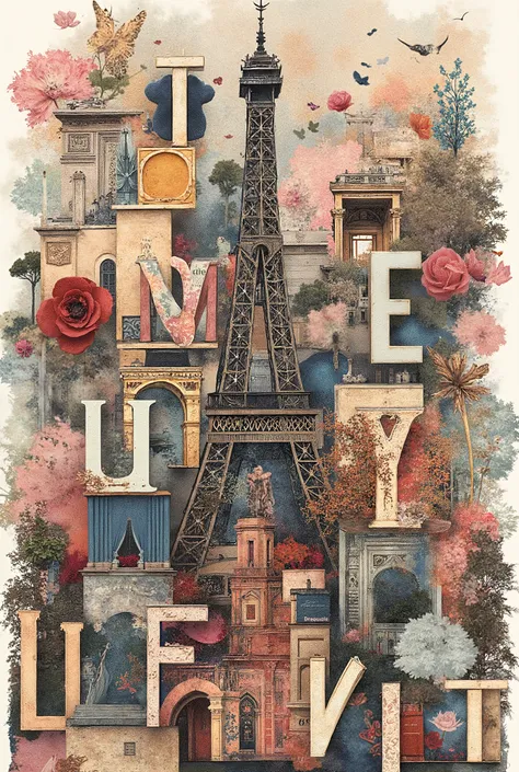 French abstract composition, French letters, or French landmarks entwined with letters of the French alphabet. an image with all proportions, an abstract image, in 8K high quality