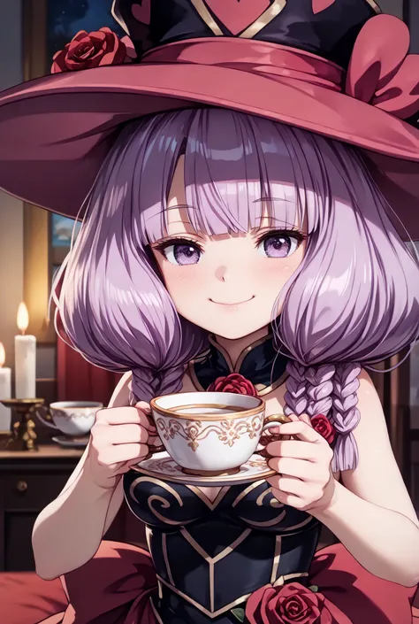 masterpiece,Super Detailed,beautiful faces,And high-precision,cute devil girl,(One Woman),(wearing a big magic hat:1.5),I'm sitting on the devil's dim bedroom bed,behind her bed is devil's candlestick、candlelight,external, Expression of victory ,I'm sit...