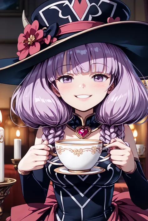 masterpiece,Super Detailed,beautiful faces,And high-precision,cute devil girl,(One Woman),(wearing a big magic hat:1.5),I'm sitting on the devil's dim bedroom bed,behind her bed is devil's candlestick、candlelight,external, Expression of victory ,I'm sit...