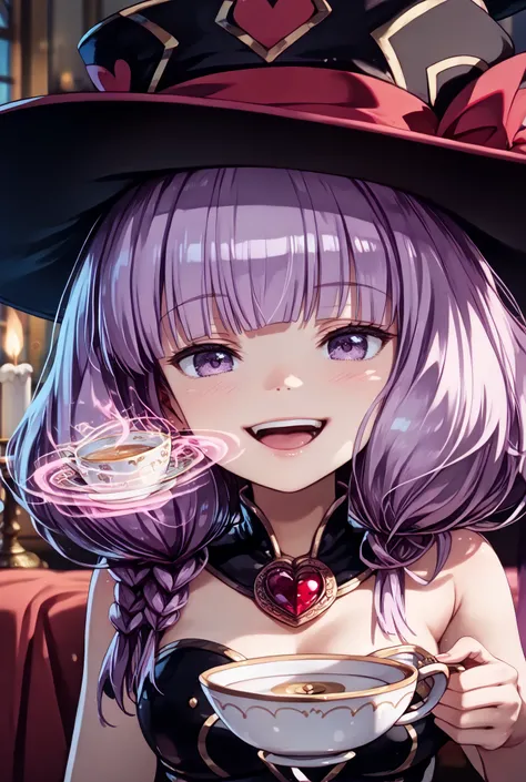 masterpiece,Super Detailed,beautiful faces,And high-precision,cute devil girl,(One Woman),(wearing a big magic hat:1.5),I'm sitting on the devil's dim bedroom bed,behind her bed is devil's candlestick、candlelight,external, Expression of victory ,I'm sit...