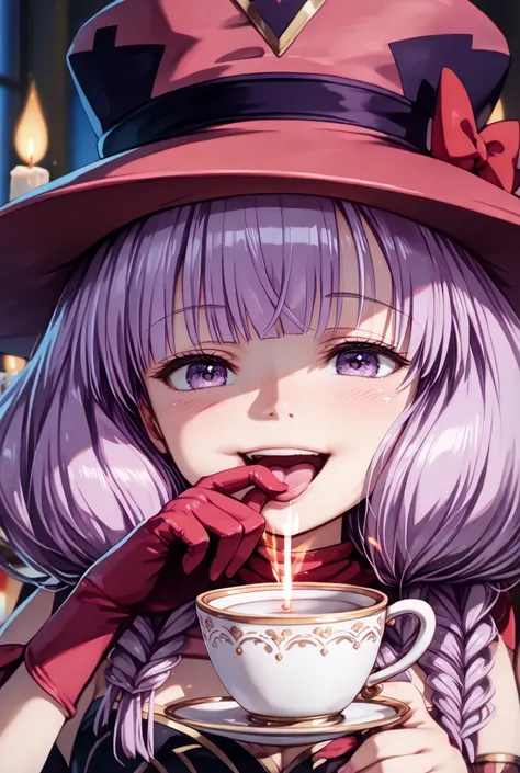 masterpiece,Super Detailed,beautiful faces,And high-precision,cute devil girl,(One Woman),(wearing a big magic hat:1.5),I'm sitting on the devil's dim bedroom bed,behind her bed is devil's candlestick、candlelight,external, Expression of victory ,I'm sit...