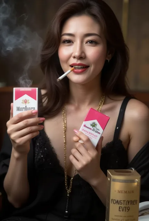 A beautiful mature woman, 45 years old (smoking: 0.8), (holding a cigarette in her mouth), ((((hyper-realistic image of a pink and white Marlboro Menthol box))), ((holding a pink and white Marlboro Menthol box in her hand)), ((putting a Marlboro Menthol bo...