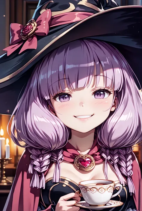 masterpiece,Super Detailed,beautiful faces,And high-precision,cute devil girl,(One Woman),(Wearing a big witch hat:1.5),I'm sitting on the devil's dim bedroom bed,behind her bed is devil's candlestick、candlelight,external, Expression of victory ,I'm sittin...