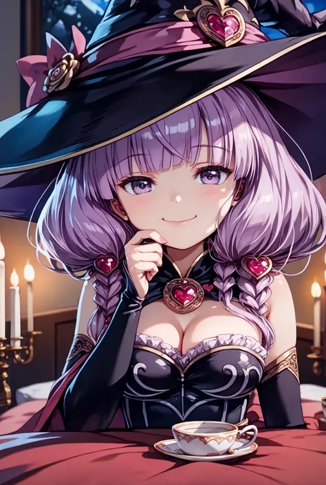 masterpiece,Super Detailed,beautiful faces,And high-precision,cute devil girl,(One Woman),(Wearing a big witch hat:1.5),I'm sitting on the devil's dim bedroom bed,behind her bed is devil's candlestick、candlelight,external, Expression of victory ,I'm sittin...