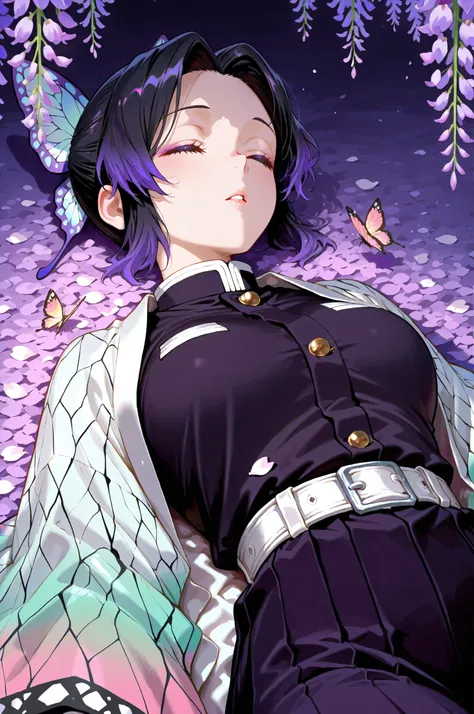 very aesthetic,masterpiece,best quality,painting \(medium\), 1girl, demon slayer uniform, kochou shinobu, solo, hair ornament, haori, purple hair, closed eyes, flower, butterfly hair ornament, lying, japanese clothes, on back, belt, multicolored hair, shor...