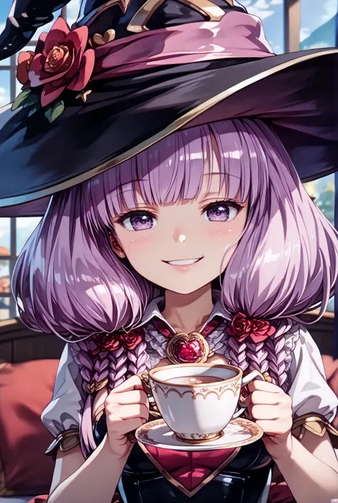 masterpiece,Super Detailed,beautiful faces,And high-precision,cute devil girl,(One Woman),(Wearing a big witch hat:1.5),I'm sitting on the devil's dim bedroom bed,behind her bed is devil's candlestick、candlelight,external, Expression of victory ,I'm sittin...