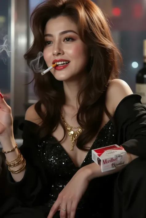 Beautiful mature woman, 45 years old (smoking: 0.8), (holding a cigarette in her mouth), ((((hyper-realistic image of a red and white Marlboro menthol box))), ((holding a Marlboro menthol box in her hand)), ((carrying a Marlboro menthol box in her breast p...