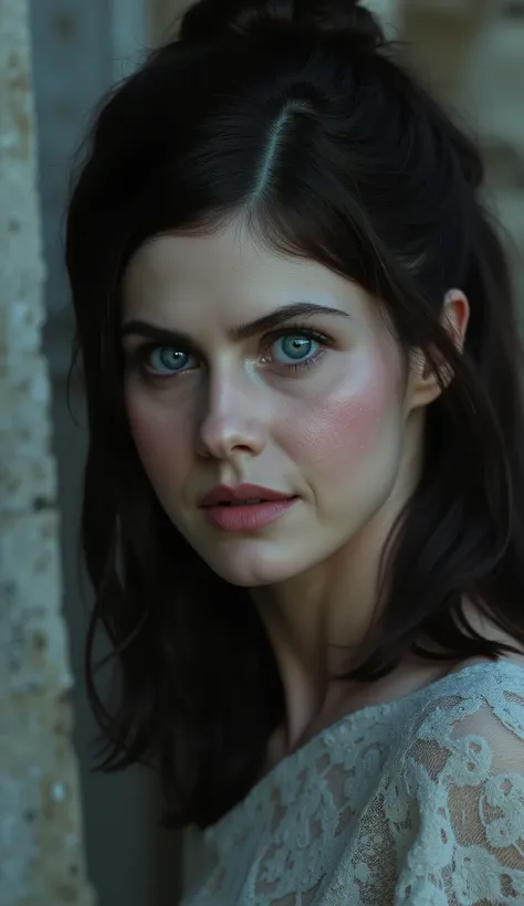 Ultra-realistic close-up of gal gadot 
Background: palace ruins with moonlight shining through.
Lighting: soft moonlit glow, rim light outlining her silhouette.