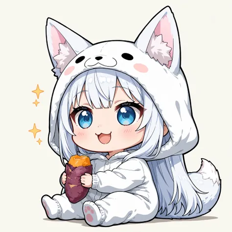 ((Masterpiece)),((best quality)),((incredibly absurdres)),((8K)),(anime style), no realism,,
(1 chibi girl),(Deformed chibi:1.3),(anime chibi),solo,white hair,long hair,straight hair,blue eyes,baby face,cute,kawaii,BREAK (white fox tail),fluffy tail,(white...