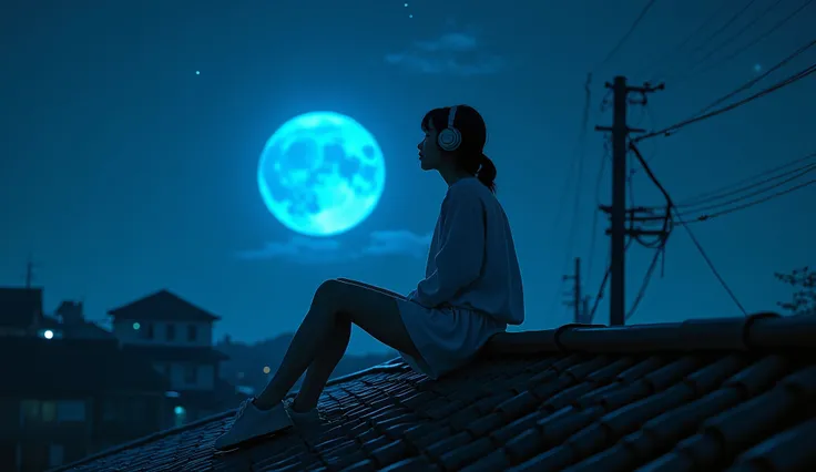 A young woman sitting on the peak of a traditional Japanese tiled roof, at the triangular ridge, in a quiet 1980s Showa-era residential neighborhood at night. She is wearing headphones, eyes gently closed, listening to music. The starry sky above glows wit...