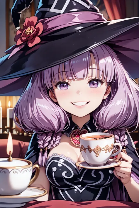 masterpiece,Super Detailed,beautiful faces,And high-precision,cute devil girl,(One Woman),(wearing a big witch hat:1.5),I'm sitting on the devil's dim bedroom bed,There's a devil's candlestick behind her bed、candlelight,external, Expression of victory ,I'...