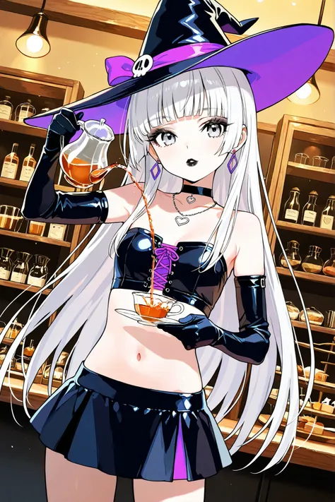  score_9, score_8_up, score_7_up, score_6_up, 
1girl, teen girl, highschool girl, sexy witch outfit, pretty black tube top with violet accents and heart connector in the middle, blue pleaded micro skirt, necklace, white hair, hime-cut hair, straight hair, ...