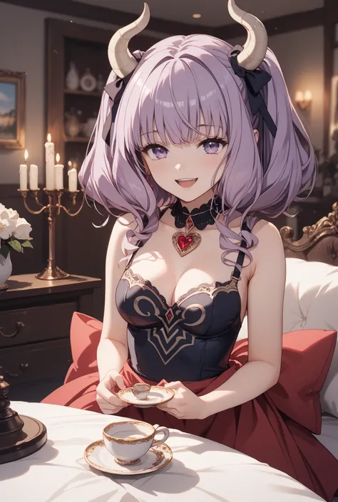 masterpiece,Super Detailed,beautiful faces,and high precision,cute devil girl,(One Woman Between Stores),she's sitting on the devil's dim bedroom bed,behind the bed has a devil's candelabra、candle is lit,ecstatic, Expression of victory ,I see little black ...