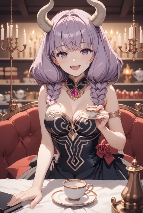 masterpiece,Super Detailed,beautiful faces,and high precision,cute devil girl,(One Woman Between Stores),she's sitting on the devil's dim bedroom bed,behind the bed has a devil's candelabra、candle is lit,ecstatic, Expression of victory ,I see little black ...