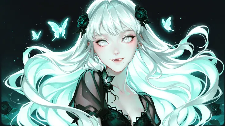 cyarin_style, Cute cartoon/bright/close-up/gentle vampire princess/garden of glowing nocturnal flowers/butterflies/black-white veiled gown/black rose in flowing white hair,white eyes, mole