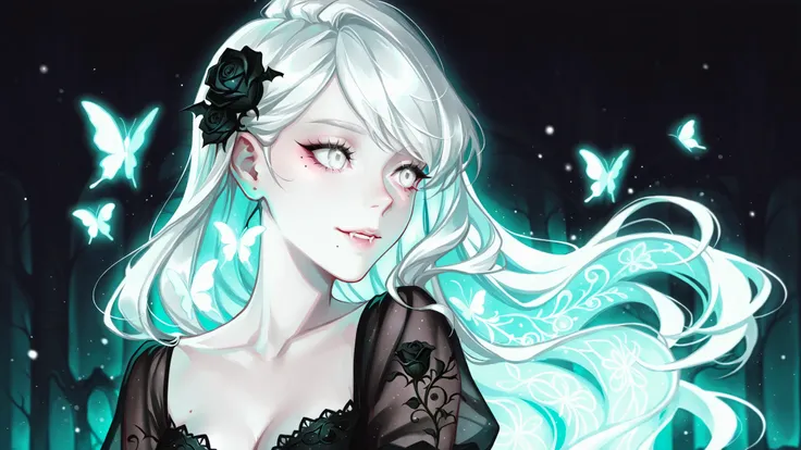 cyarin_style, Cute cartoon/bright/close-up/gentle vampire princess/garden of glowing nocturnal flowers/butterflies/black-white veiled gown/black rose in flowing white hair,white eyes, mole