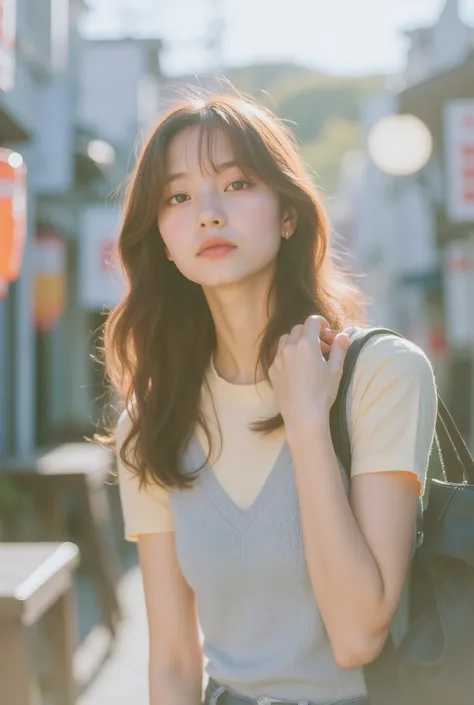 Narrow Japanese back alley in autumn. Woman leans gently; one knee slightly bent; right hand holding shoulder bag strap, left hand resting near hip. Outfit: ecru band-collar shirt with light gray V-neck knit vest; rigid dark-indigo straight denim; dark nav...