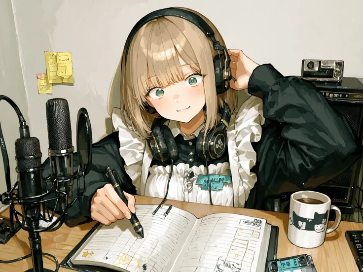 「cute maid girl with an up chest。holding a script with a sticky note in one hand、condenser microphone with the other hand（With pop guard）Touching。with headphones around her neck、A mug and pen are placed on the desk。。slightly surprised。High Fine　Smile Yan