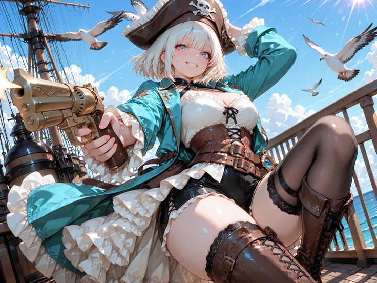 score_9, (masterpiece, best quality, dynamic angle),1girl,cute, kawaii,big eyes,tareme,eyes detail,blue eyes,slim body, short hair,white hair,hair fluttering in wind, grin ,
BREAK
pirate corsair outfit, brown pirate hat over silver bandanna,turquoise blu...