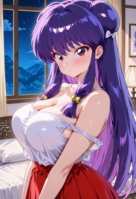 High quality, 1girl, sole female, Shampoo (Ranma 1/2), purple hair, very long hair, hair buns, big eyes, delicate facial features, natural skin texture, seductive, looking at viewer, elegant bedroom with tall windows at night, plain white tanktop, small ta...