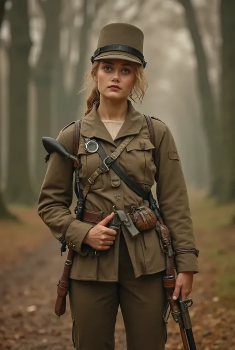 19th century,Party Knight Girl in khaki military uniform,Fairy tail riding clothes,Idade 15,Carry a sabre around your waist and carry a cute hunting rifle in your face HD 