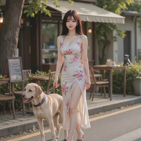 ,((A very beautiful Japanese top idol girl walks with her Labrador retriever:1.5)), Walking Pose, sexy scene, (深いVネックのcheongsam with floral print:1.3), Clothes that accentuate rich F-cup breasts, clear outline, with a deep slit at the base of the thigh, Lo...
