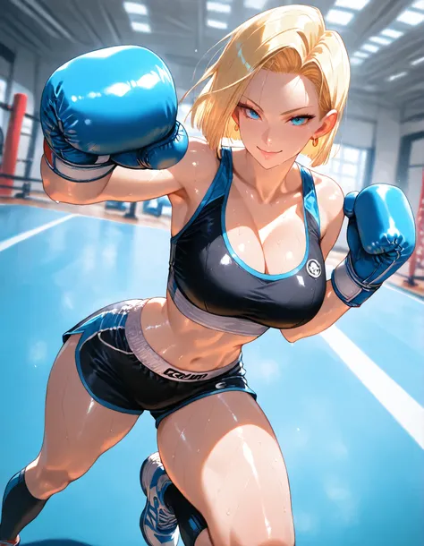 score_9, masterpiece, top quality, vibrant, Very Aesthetic, High Contrast , Semi-realistic, , natural light, ,  zzAndroid18, blue eyes, blonde hair, short hair, earrings,  black top,  cleavage, athletic body, midriff, wide hips, thin waist, thick thighs, s...