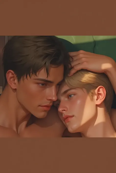 hot men couple, brunette man muscular and shirtless embracing handsome cute softer man in a white shirt , they are lying in a green sofa . soft day light. looking at each other 