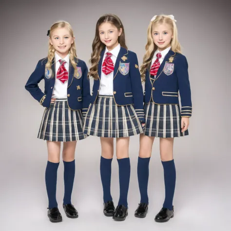 (8k,  Highest Quality, masterpiece,Full Body:1.2),   ultra high res,  complicated details,  anatomically correct,European Girls, ((blonde long hair,blue eyes:1.0)),10 years old,beautiful faces, black long hair, Black and white school uniform ,pleated skirt...