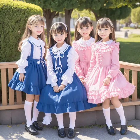 (( Distant view,full body,standing:1.2)),Highest Quality, masterpiece, highest resolution, art work, super それにget used to it, many get used to it, get used to it, それにget used to it, 3k photos,,3 noble ladies sitting across the street indoors,. ((10 year ol...