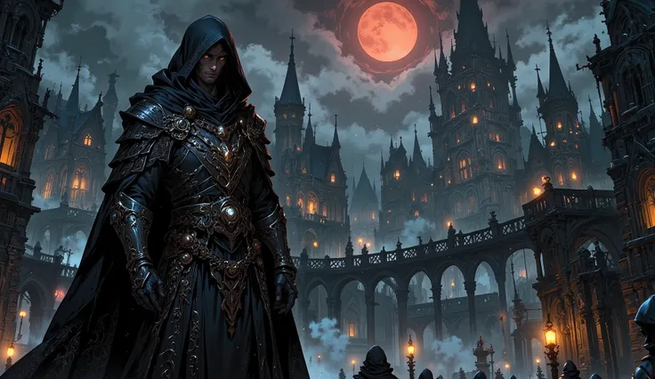 High-resolution image of a mysterious hooded man standing on the edge of a pinnacle of an imposing Gothic cathedral. He wears a long flowing dark-colored cape with metallic details on the edges, similar to Brandon Sanderson's Born of the Mist. Sob a capa, ...