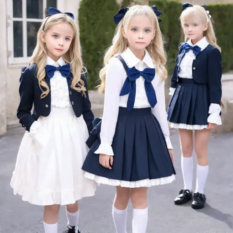 European girls,blue eyes,blonde long hair,10 years old,Black and white school uniform ,ruffles and bows,long sleeve,pleated skirt,