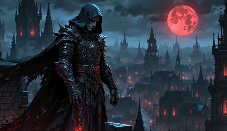 High-resolution image of a sinisterly hooded man on the edge of a fractured gargoyle on the tallest tower of a ruined Gothic cathedral. He wears a torn and worn mistcloak with strips that move unnaturally, like living tentacles that occasionally seem to me...