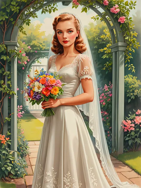 Illustration. Poster art. Pencil drawing.
A pretty 1940s girl in a wedding dress, holding a delicate and colorful posy of flowers. Wearing a veil. Standing beneath an arbor.
<lora:PinupGirl01e_CE_XL_300-OT:0.4> pnpgrlCE_style