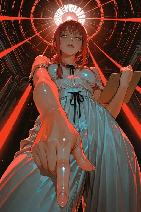 good anatomy, 1 japanese girl, makima from chainsaw man, yellow eyes, solo,long scarlet hair, single braid, off-shoulders, pants, (from below:1.3), (low angle shot:1.3), god rays, High Resolution, looking at viewer, High Resolution, Anatomically Correct, D...
