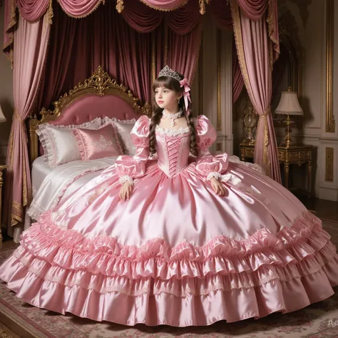 realistic,Highest Quality, masterpiece, highest resolution, art work, super Get used to it, many teeth, teeth, Get used to it, romantic,Woman, 10 years old,少女teeth王女です, Pink Victorian Dress , ((Gorgeous Princess Rococo Ball Gown Dress With A Voluminous Ful...
