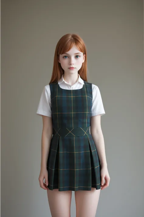 A (cute young girl:1.5) stands in a simple studio setting, characterized by a neutral gray background that accentuates the protagonist's attire. She has short, auburn hair with bangs. She has a (narrow waist:1.4). She wears a perfectly ironed white short-s...