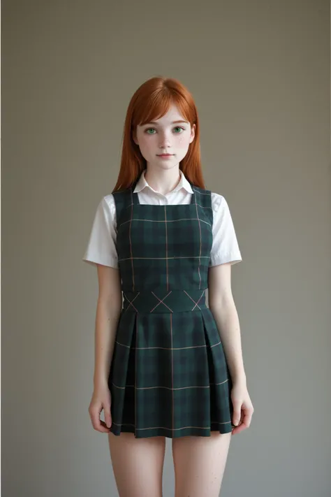A (cute young girl:1.5) stands in a simple studio setting, characterized by a neutral gray background that accentuates the protagonist's attire. She has long, auburn hair with bangs. She has medium sized breasts and a (narrow waist:1.5). Her eyes are large...