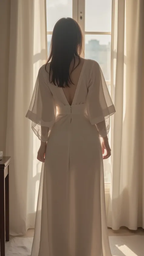woman in an elegant dressing scene that respects privacy、back shot、silhouette、bright room with morning light shining in、Dressing Room、gentle natural light、soft sunlight through curtains、ELEGANT INTERIOR、private space、artistic composition、pale pastel colors...