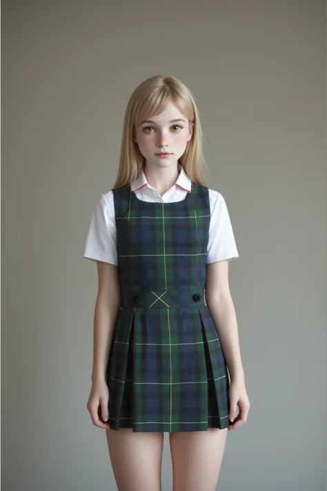 A (cute young girl:1.5) stands in a simple studio setting, characterized by a neutral gray background that accentuates the protagonist's attire. She has long, light blonde hair with bangs. She has medium sized breasts and a (narrow waist:1.5). Her eyes are...