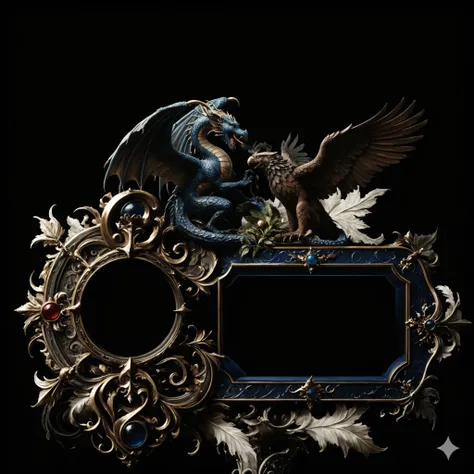 ElvArch,beautiful game ui, rpg text box, elaborate design, beautiful, medieval, blue dragon figthing majestic eagle, fantasy game, stunning, pearlescent, morning, matte painting, by wlop, by artgerm, octane render, trending on artstation, art by greg rutko...