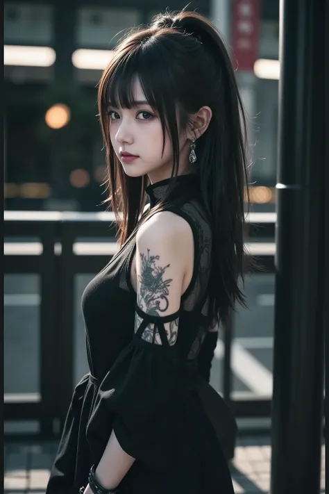 Gothic girl with dark hair and tattoos standing on a city street, gothic aesthetic, Goth aesthetic, 1 7 - year - old anime  goth girl , cruel korean  goth girl , ominous gothic aesthetic,  goth girl  aesthetic,  goth girl , goth style, Neogoth, gothic - cy...