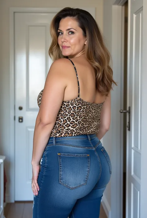 photorealistic portrait of a mature woman with fair skin and stout soft build, strict mom vibes, shot from diagonally behind, visual focus on buttocks, glancing over shoulder, curvy figure with wide hips wide buttocks, long wavy dark blonde hair featuring ...