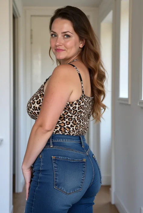 photorealistic portrait of a mature woman with fair skin and stout soft build, strict mom vibes, shot from diagonally behind, visual focus on buttocks, glancing over shoulder, curvy figure with wide hips wide buttocks, long wavy dark blonde hair featuring ...