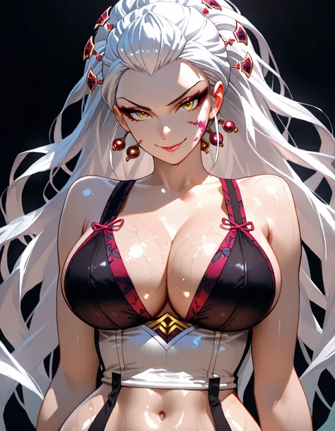 score_9, masterpiece, top quality, vibrant, Very Aesthetic, High Contrast , Semi-realistic, , natural light, , 1girl, solo,, daki , Daki ,   , daki , Daki , white hair , long hair , hair tips are green  , big breasts,,  simple background, black background,...