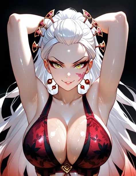 score_9, masterpiece, top quality, vibrant, Very Aesthetic, High Contrast , Semi-realistic, , natural light, , 1girl, solo,, daki , Daki , forehead, pale skin, white hair , long hair , hair tips are green  , big breasts,,  simple background, black backgrou...