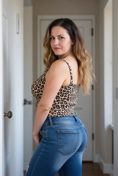 photorealistic portrait of a mature woman with fair skin and stout soft build, strict mom vibes, shot from diagonally behind, visual focus on buttocks, glancing over shoulder, curvy figure with wide hips wide buttocks, long wavy dark blonde hair featuring ...