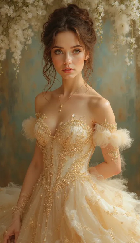 simply a masterpiece, incredible beauty, vintage beauty, branches with wisteria flowers hang, as a background for a beautiful wedding photo, young woman with green eyes and brown hair, that create a very beautiful and very elegant hairstyle, designer hairs...