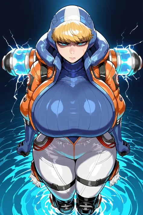Apex Legends, Wattson, cropped jacket, puffy jacket, orange jacket with blue trim, blue ribbed turtleneck, blue hood, blonde hair, messy fringe, blue eyes, pouches, robotic body, pouches, lidded eyes, annoyed, krekkov style, (masterpiece), best quality, ex...